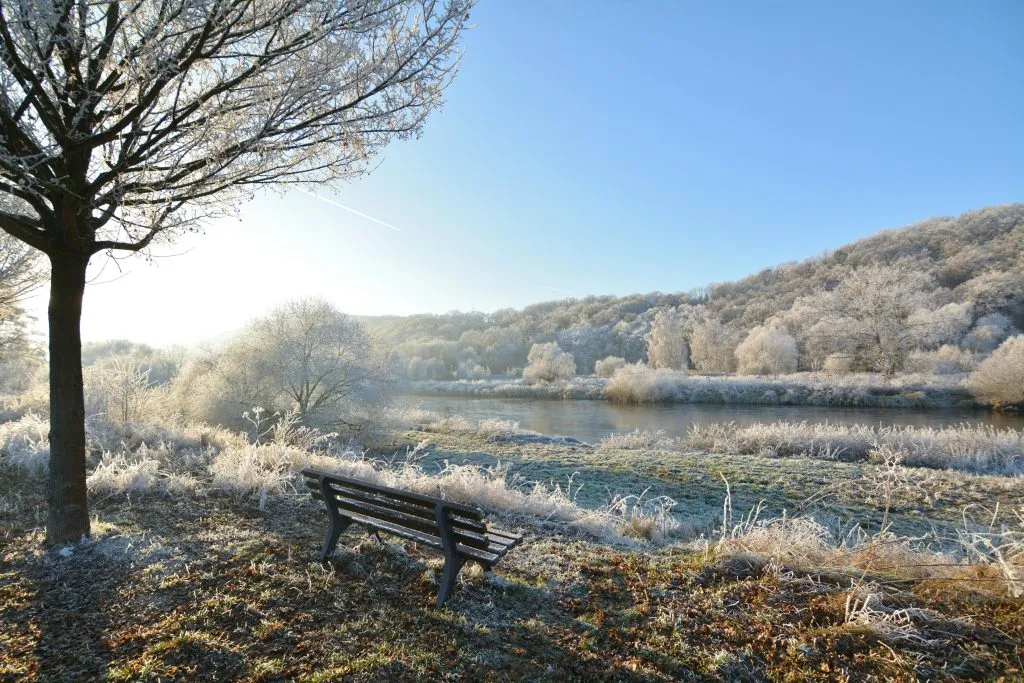 Contemplative winter landscape bench by water blue sky